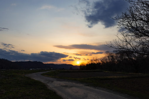 田舎道と夕日（夕焼け）の写真素材