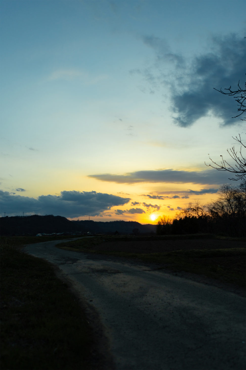 田舎道と夕日（夕焼け）02の写真素材